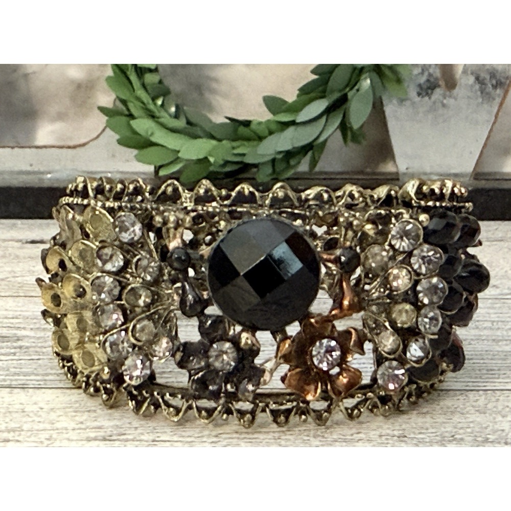 Vintage Victorian Revival Bronze Tone Filigree Hinged Wide Bangle with Gems EUC